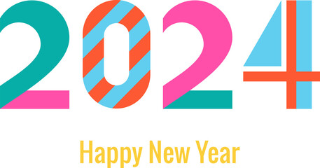 Fototapeta premium Stylish greeting card. Happy New Year 2024. Trendy geometric font in memphis style of 80s-90s. Digits and abstract geometric shapes