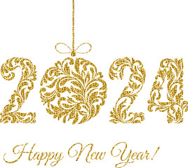 Happy New Year 2024. Decorative Font made of swirls and floral elements. Golden numbers and Christmas ball