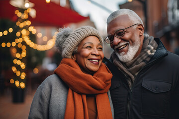 Obraz premium portrait of old black couple outside wearing coats, ai generated