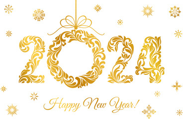 Happy New Year 2024. Decorative Font made of swirls and floral elements. Golden Numbers and Christmas wreath