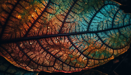 Vibrant autumn leaf pattern, close up of plant cell magnification generated by AI