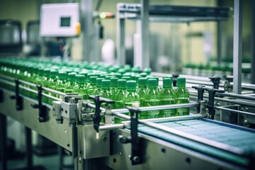 Process of beverage manufacturing on a conveyor belt at a factory.