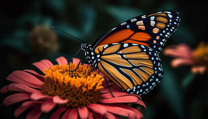 Fototapeta premium Vibrant monarch butterfly pollinates multi colored flower in summer outdoors generated by AI