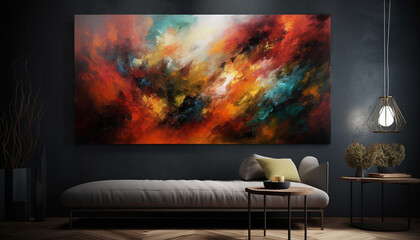Bright blue wallpaper decorates the modern bedroom with multi colored paintings generated by AI