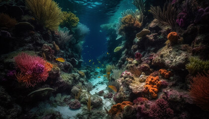 Fototapeta na wymiar Swimming below the sea, exploring natural beauty in motion generated by AI