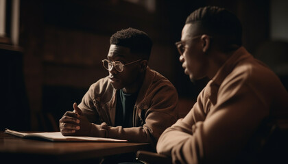 Obraz premium Two people in casual clothing sitting at a table, looking at literature generated by AI