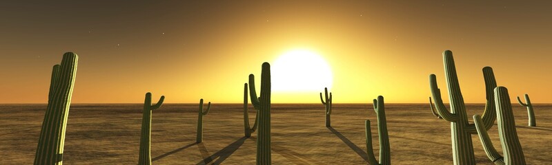 Desert of sand with dunes and cacti at sunset, 3D rendering