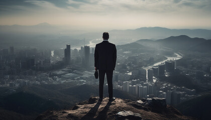 Young businessman standing on top of skyscraper, conquering adversity generated by AI