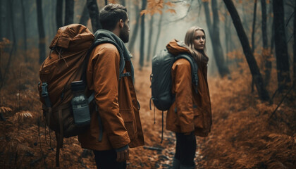 Fototapeta na wymiar Two young adults walking in nature, exploring autumn hiking adventures generated by AI