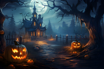 Haunted house on a hill with Pumpkin, illuminated by moonlight and candles. Holiday event Halloween banner background