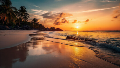 Fototapeta na wymiar Tranquil sunset over tropical coastline, reflecting beauty in nature generated by AI