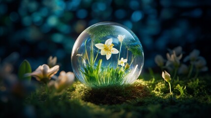 Obraz na płótnie Canvas Capture a breathtaking scene of a glass globe emerging from the center of a blooming flower, representing the growth and sustainability of green energy solutions