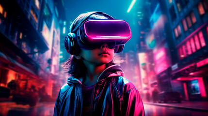 Dive into the Future: Teen Experiencing VR Metaverse in Cyberpunk City