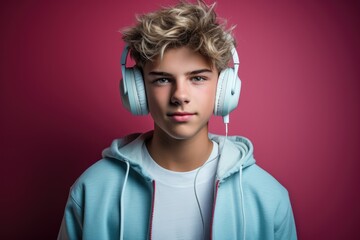 Teenager with headphones against a solid color background - Youth and Music - AI Generated