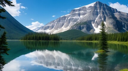 Naklejka na ściany i meble A serene and peaceful mountain reflecting on the still waters of a lake