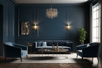 A large living room with blue and navy walls, showcasing a sofa and two armchairs. Modern interior concept. Generative AI