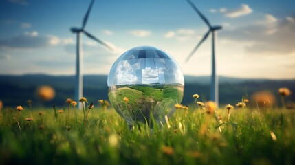 Capture a mesmerizing photograph of a glass globe surrounded by a field of blooming wind turbines, demonstrating the harmony between wind energy and nature
