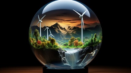 Capture a mesmerizing picture of a glass globe with a holographic projection of wind turbines in a picturesque landscape, illustrating the aesthetics of wind energy