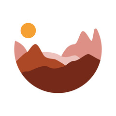 Monochrome abstract landscapes in the shape of a circle. Mountains, river, sea view. Hills, sun, Moon. Round Icons. Flat Abstract design. Scandinavian-style landscapes. 