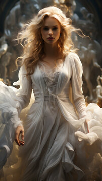 Art photo fantasy of mystical woman in white, long white ancient style dress, light long hair. AI Generative
