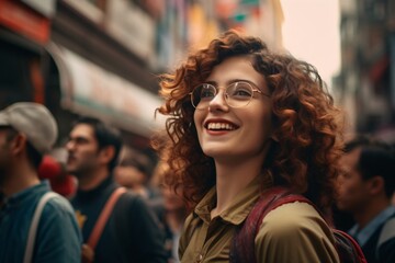 Fototapeta premium Outdoor portrait of a beautiful girl, with curly hairs with a city street backdrop