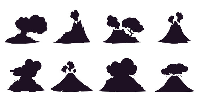 Volcano icon ash eruption silhouette volcanic pictogram logo isolated set. Vector graphic design illustration