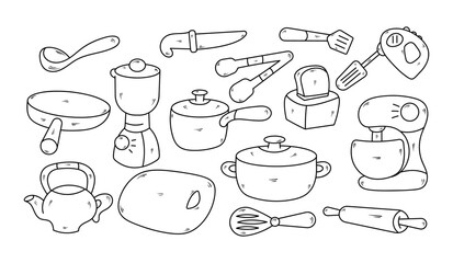 Set of Hand Drawn Kitchen Utensils, Vector Doodle Elements
