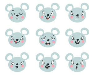 Cute mouse face character emoji emotion expression isolated set. Vector flat graphic design illustration