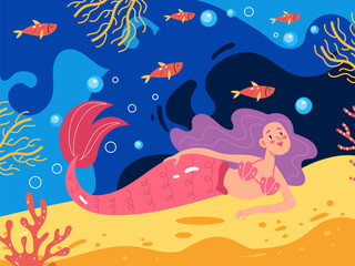 Fototapeta na wymiar Mermaid princess swim in sea ocean underwater concept. Vector flat graphic design illustration 