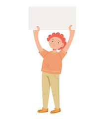 Kid boy child cute character hold sign banner placard concept. Vector flat graphic design illustration