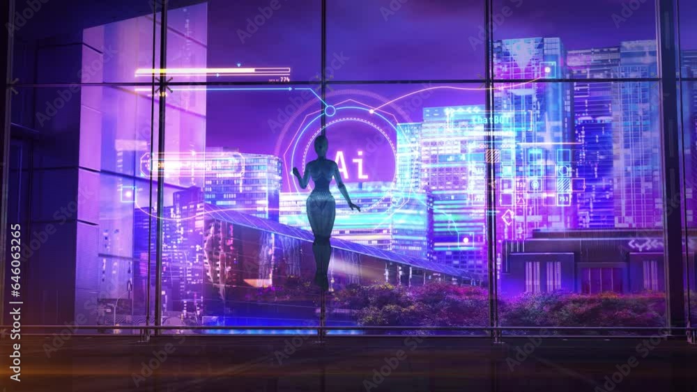 Poster displaying the work of artificial intelligence in virtual space. 3d render