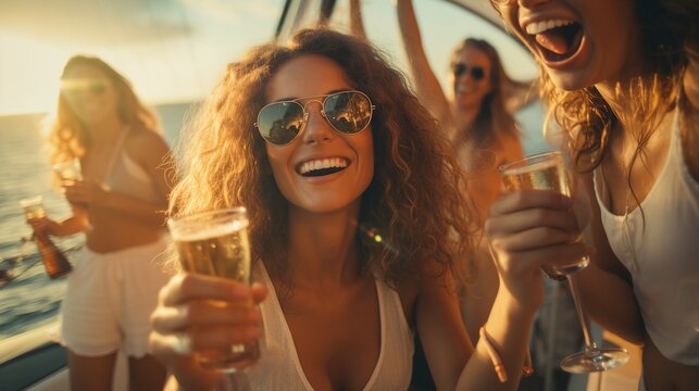 photo of Group of diverse girl friends drink champagne while having a party in yacht. Attractive young men and women hanging out, celebrating holiday vacation trip while catamaran boat sailing