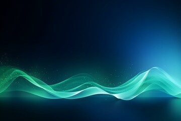 Dynamic green wave with moving particles on a blue background. Generative AI