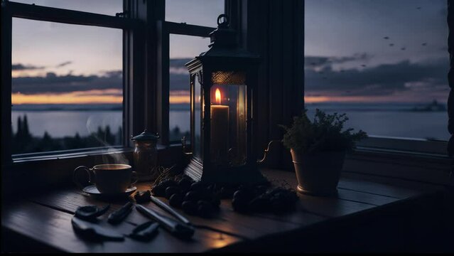 Old-fashioned ornate lantern at sunrise or sundown. Arabian lamp, candlelight flame burning Ramadan Kareem iftar, Eid Mubarak