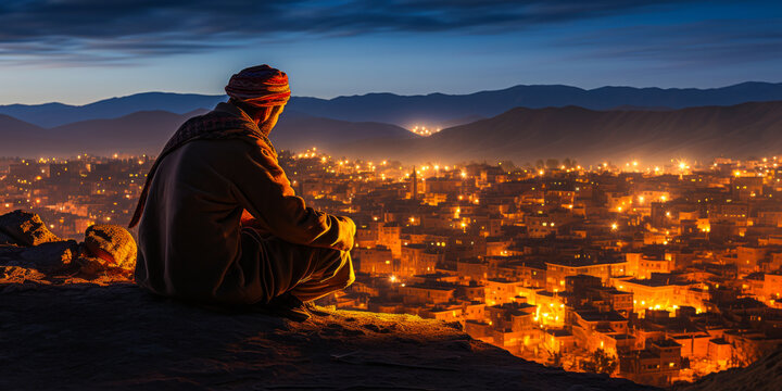 Captivating Berber elder in the desert, marked by pride and tradition, with the exquisite silhouette of a Moroccan town under starlit night.