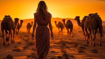 Captivating scene of nomadic woman in traditional attire leading camel across vast desert at sunset, symbolizing resilience, adventure and tranquility.