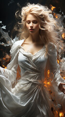 Art photo fantasy of mystical woman in white, long white ancient style dress, light long hair. AI Generative