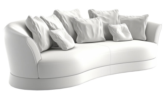 Big modern curved white velour sofa , isolated on a transparent background.