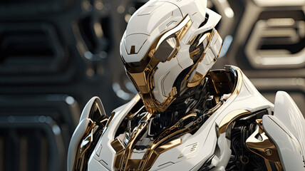 Close up of futuristics war machine robot in white silver and gold color in the sci-fi spaceship factory and laboratory background - obrazy, fototapety, plakaty