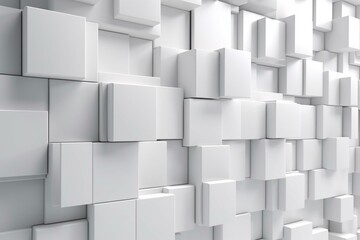 Arrangement of glossy tiles forming a white wall; futuristic 3D background built with rectangular blocks. Generative AI