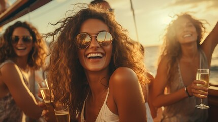 Obraz premium photo of Group of diverse girl friends drink champagne while having a party in yacht. Attractive young men and women hanging out, celebrating holiday vacation trip while catamaran boat sailing