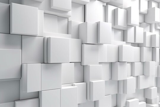 Arrangement of glossy tiles forming a white wall; futuristic 3D background built with rectangular blocks. Generative AI © Miriam