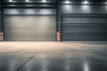 Interior view of a roller door or roller shutter in a factory or warehouse with a modern design, polished concrete floor, and industrial background. Generative AI
