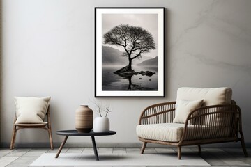 Monochrome river tree photo. Contemporary, minimalist wall art. High-quality printable decor for modern living spaces and offices. Ideal gift. Generative AI