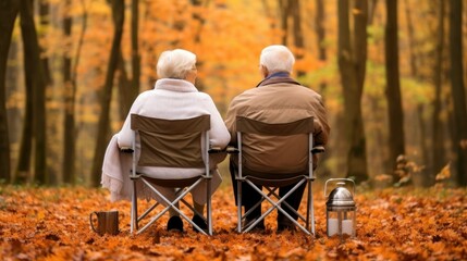 Happy Senior elderly Couple Having Picnic At Autumn fall Park. Back view Loving elderly couple having a picnic in the autumn garden, park