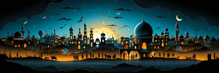 Captivating Middle Eastern marketplace at night, depicted as a serene 2D frieze with traditional stalls, geometric buildings under the crescent moon. Artistic and atmospheric. - obrazy, fototapety, plakaty