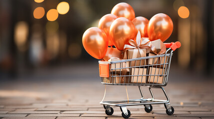 Shopping cart with gifts and purchases against. Concept of online shopping, sales season