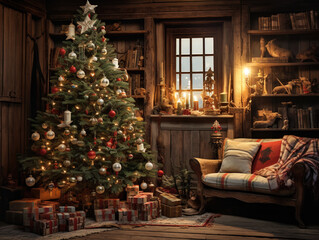 Fototapeta na wymiar Christmas tree with fireplace