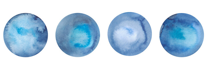 A set of watercolor circles isolated on a white background, hand-drawn. Textured spots of watercolor with a gradient in blue shades. Elements for design and decoration.