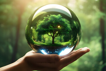 hand holding a globe with a tree growing inside the sphere